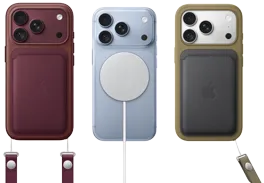From left to right, iPhone 18 Pro in Burgundy leather case with Burgundy Crossbody strap, middle iPhone 18 Pro in Glacier with White MagSafe charger attached, right iPhone 18 Pro in Silver in green leather wallet case with wrist strap