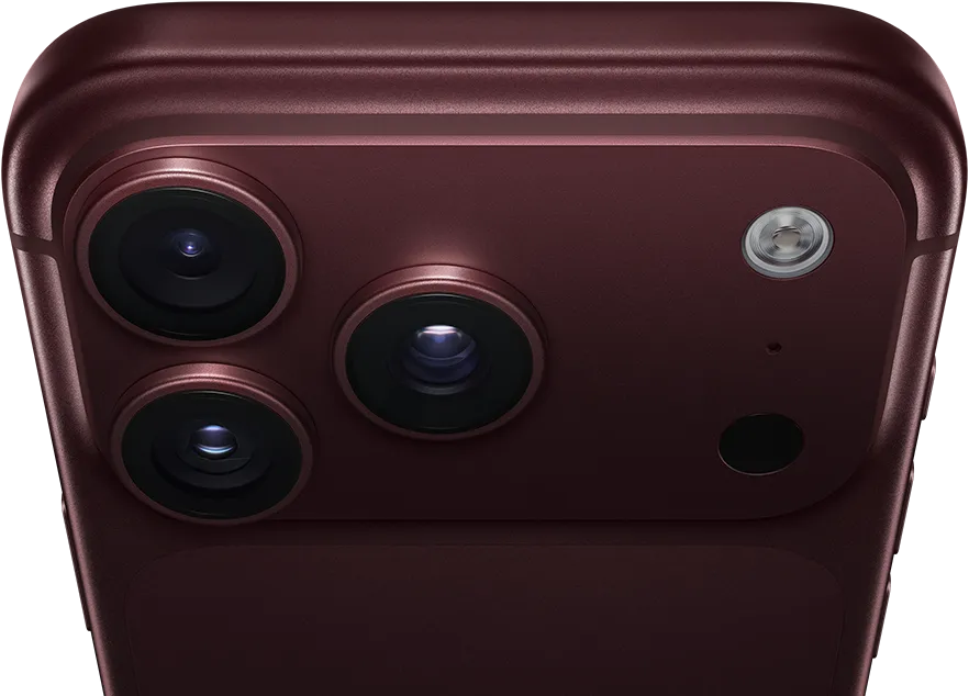 iPhone 18 Pro Max, burgundy colour (dark red), back exterior, Pro Fusion camera system at top, three lenses, variable aperture blades partially closed, flash, microphone and LiDAR Scanner, top exterior, mobile antenna, flat sides, rounded edges