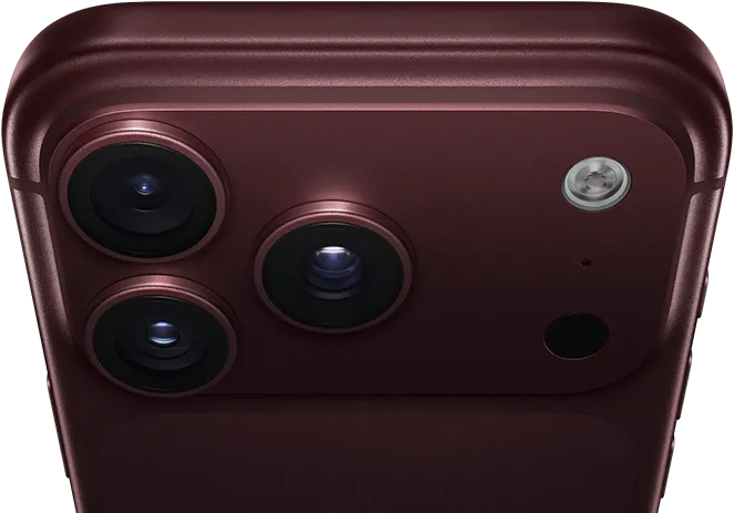 iPhone 18 Pro Max, burgundy colour (dark red), back exterior, Pro Fusion camera system at top, three lenses, variable aperture blades partially closed, flash, microphone and LiDAR Scanner, top exterior, mobile antenna, flat sides, rounded edges