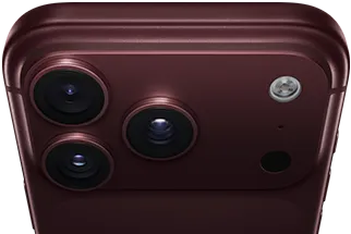 iPhone 18 Pro Max, burgundy colour (dark red), back exterior, Pro Fusion camera system at top, three lenses, variable aperture blades partially closed, flash, microphone and LiDAR Scanner, top exterior, mobile antenna, flat sides, rounded edges