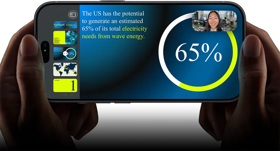 Horizontal video call demonstration of a keynote presentation on iPhone 18 Pro, Black