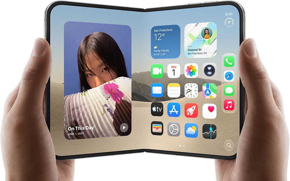 iPhone [V68], [L8] colour, held by two hands in landscape orientation, unfolded, interior screen displays photos on the left, apps on the right