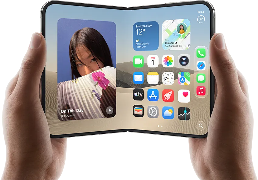 iPhone [V68], [L8] colour, held by two hands in landscape orientation, unfolded, interior screen displays photos on the left, apps on the right