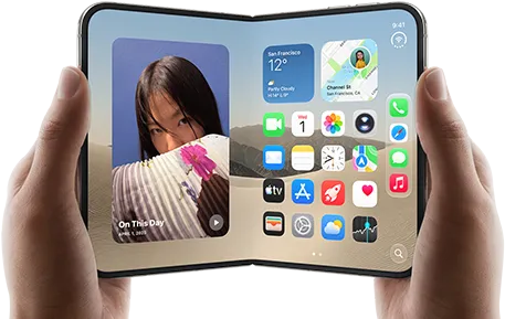 iPhone [V68], [L8] colour, held by two hands in landscape orientation, unfolded, interior screen displays photos on the left, apps on the right