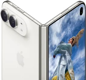 iPhone Duo, partially open like a book with hinge mechanism in the centre, exterior back panel on the left features an Apple logo and dual-camera, outer display on the right shows a portrait photo of a person with blonde hair
