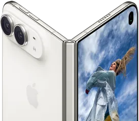 iPhone Duo, partially open like a book with hinge mechanism in the centre, exterior back panel on the left features an Apple logo and dual-camera, outer display on the right shows a portrait photo of a person with blonde hair