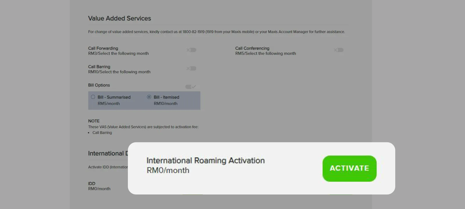 Click Activate to activate international roaming for the mobile device Step 3