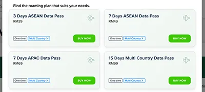Step 2 - Select your destination country and the Maxis Business Roaming Pass of your choice.