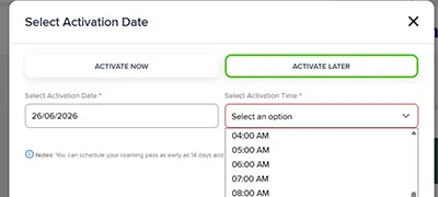 Step 3 - Select your preferred pass activation date (as early as 14 days and as late as 6 hours in advance), then click “Confirm”.