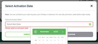 Step 3 - Select your preferred pass activation date (up to 14 days in advance), then click “CONFIRM”.